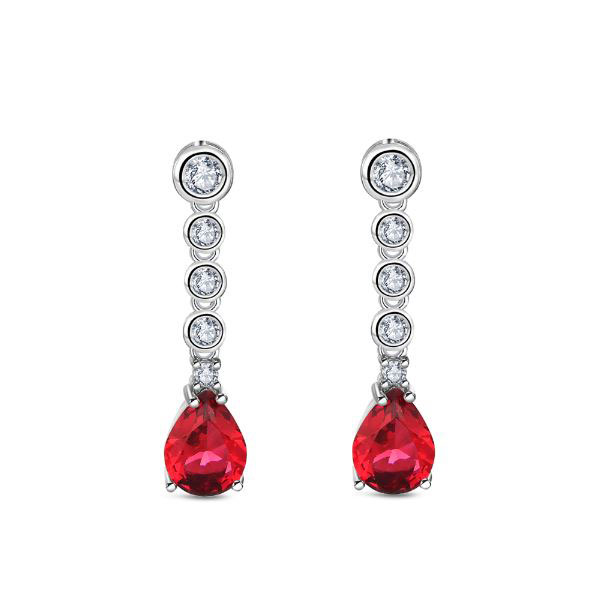 Sterling Silver Rhodium Plated Zircons and Chatons with Red Drop Earrings